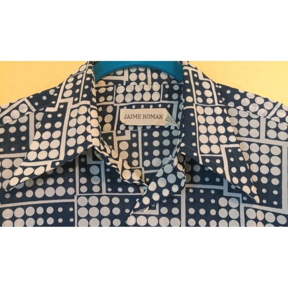 Vintage 1960s Jaime Roman Dagger Collar Disco Hippie Shirt Men's Sz M Blue Dots - Picture 4 of 11